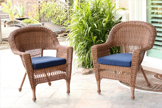 Jeco Honey Rocker Wicker Chair with Blue Cushion - Set of 2