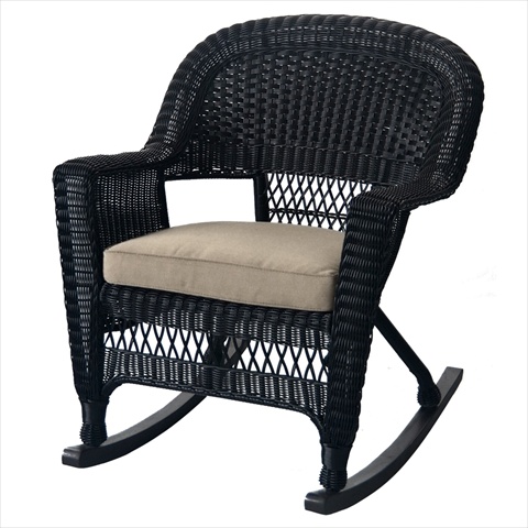 W00207R-D-2-FS006 Black Rocker Wicker Chair With Tan Cushion - Set 2
