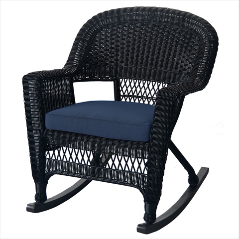 W00207R-D-2-FS011 Black Rocker Wicker Chair With Blue Cushion - Set 2