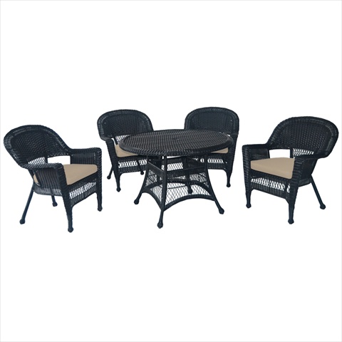 5 Piece Black Wicker Dining Set - Tan Cushions