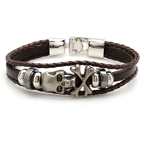 Picture of  Mens Genuine Brown Leather Bracelet- Skull Accent
