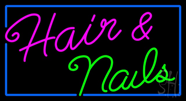 Sign Store N100-3633-clear Cursive Hair And Nails With Blue Border Clear Backing Neon Sign- 37 x 20 x 1 In.