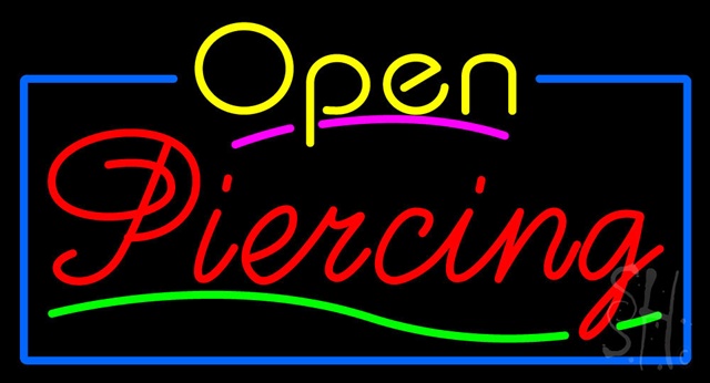 Sign Store N100-3478-clear Yellow Open Piercing Blue Border Clear Backing Neon Sign- 37 x 20 x 1 In.