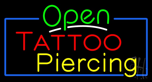 Sign Store N100-3504-clear Open Tattoo Piercing Blue Border Clear Backing Neon Sign- 37 x 20 x 1 In.