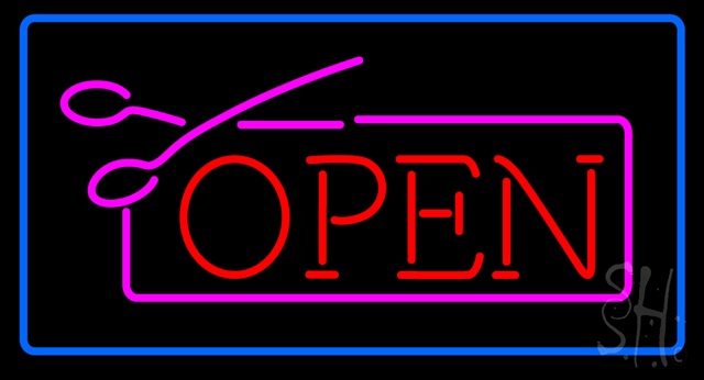Sign Store N100-3062-clear Red Pink Open With Scissors Blue Border Clear Backing Neon Sign- 37 x 20 x 1 In.