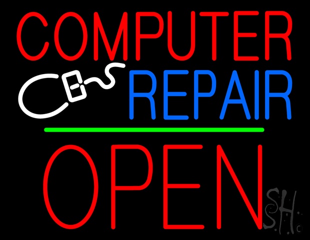 Sign Store N100-4467-clear Computer Repair Block Open Green Line Clear Backing Neon Sign- 31 x 24 x 1 In.