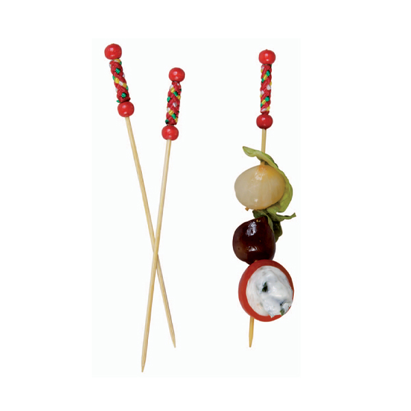 Picture of PacknWood 209BBFUJI 4.4 In. Fuji Bamboo Pick With Natural Beads And Red Design- Pack Of 2000