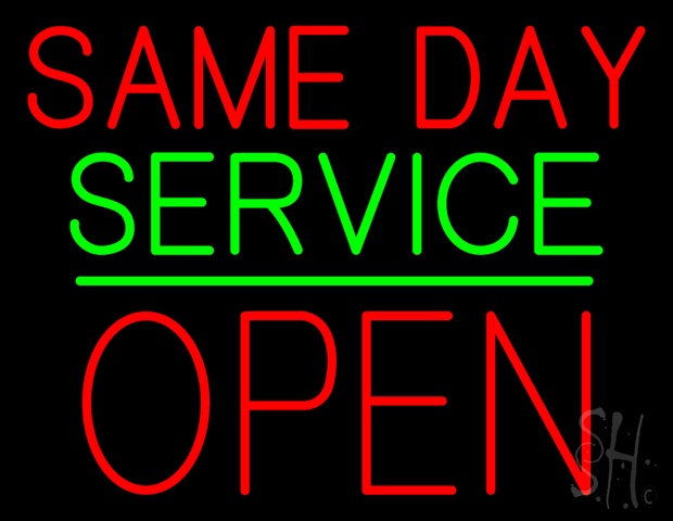 Sign Store N100-4936-clear Same Day Service Block Open Green Line Clear Backing Neon Sign- 31 x 24 x 1 In.