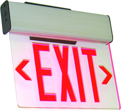 LED EDGELIT EXIT SIGN W. B/C Single Face Univ 120/277V RED LETTER, CLEAR PANEL, ALUMINUM HOUSING