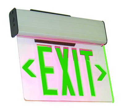 LED EDGELIT EXIT SIGN W. B/C Single Face Univ 120/277V GREEN LETTER, CLEAR PANEL, ALUMINUM HOUSING