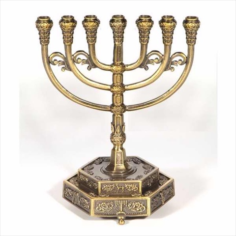 Picture of Holy Land Gifts 106626 Menorah 12 Tribes Brass7 Branched With Hexagon Base