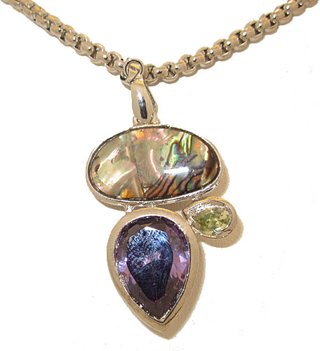 CP4058 One Tone Silver, Abalone Stone, Amethyst And Peridot CZ Pendant