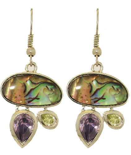 EP4058 One Tone Silver, Abalone Stone, Amethyst And Peridot CZ French Hook Earrings