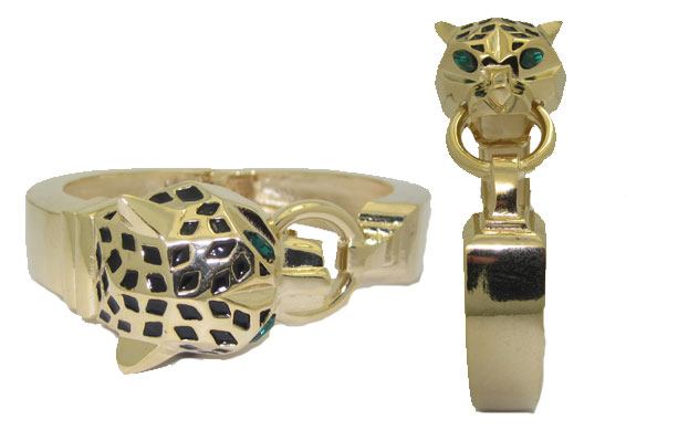 5493GD Hinged Gold Cat Bangle with Emerald Eyes