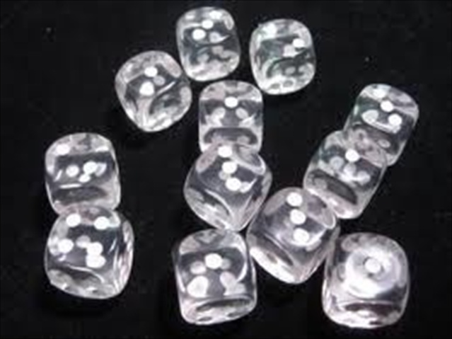 Picture of Chessex Manufacturing 23601 16 mm Clear With White Translucent D6 Dice Set Of 12