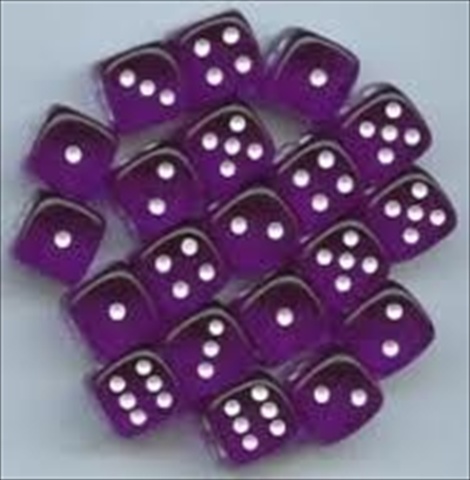 Picture of Chessex Manufacturing 23807 12 mm Set Of Purple With White Translucent D6 Dice Set Of 36