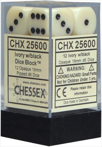 Picture of Chessex Manufacturing 25600 Opaque Ivory With Black - 16 mm Six Sided Dice Set Of 12