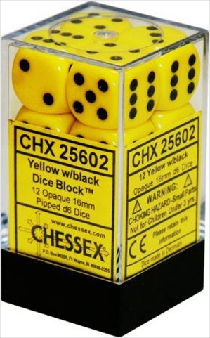 Picture of Chessex Manufacturing 25602 Opaque Yellow With Black - 16 mm Six Sided Dice Set Of 12