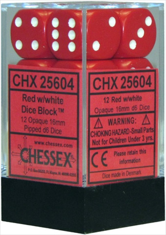 Picture of Chessex Manufacturing 25604 Opaque Red With White - 16 mm Six Sided Dice Set Of 12