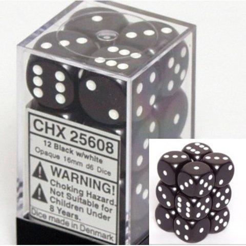 Picture of Chessex Manufacturing 25608 Opaque Black With White - 16 mm Six Sided Dice Set Of 12