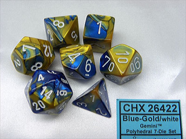 Picture of Chessex Manufacturing 26422 Cube Gemini Set Of 7 Dice - Blue & Gold With White Numbering
