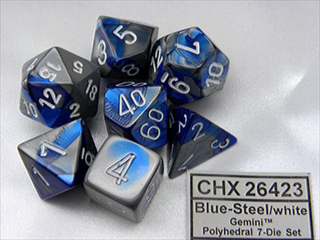 Picture of Chessex Manufacturing 26423 Cube Gemini Set Of 7 Dice - Blue & Silver With White Numbering