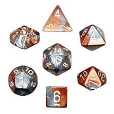Manufacturing 26424 Cube Gemini Set Of 7 Dice - Copper & Steel With White Numbering