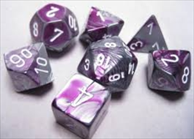 Picture of Chessex Manufacturing 26432 Cube Gemini Set Of 7 Dice - Purple & Steel With White Numbering
