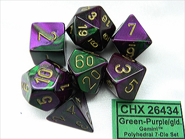 Picture of Chessex Manufacturing 26434 Cube Gemini Set Of 7 Dice - Green & Purple With Gold Numbering