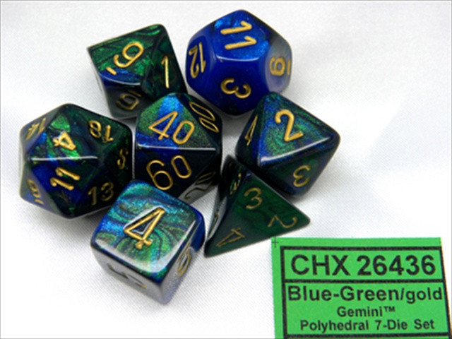 Picture of Chessex Manufacturing 26436 Cube Gemini Set Of 7 Dice - Blue & Green With Gold Numbering