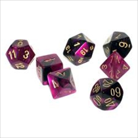 Picture of Chessex Manufacturing 26440 Cube Gemini Set Of 7 Dice - Black & Purple With Gold Numbering