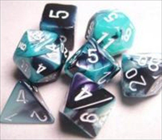 Picture of Chessex Manufacturing 26446 Cube Gemini Set Of 7 Dice - Black Shell With White Numbering