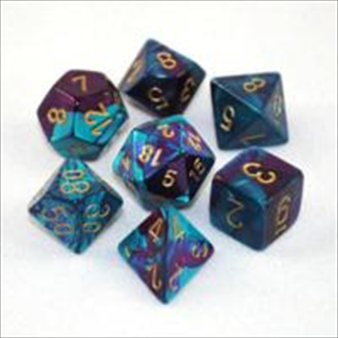 Picture of Chessex Manufacturing 26449 Cube Gemini Set Of 7 Dice - Purple & Teal With Gold Numbering