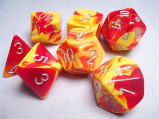 Picture of Chessex Manufacturing 26450 Cube Gemini Set Of 7 Dice - Red & Yellow With Silver Numbering