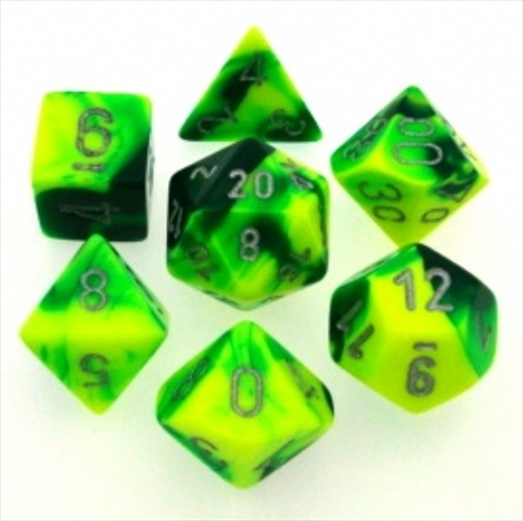 Picture of Chessex Manufacturing 26454 Cube Gemini Set Of 7 Dice - Green & Yellow With Silver Numbering