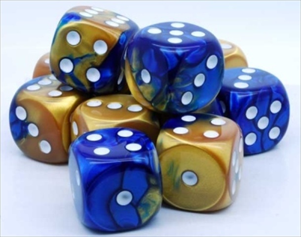 Manufacturing 26622 D6 Cube Gemini Set Of 12 Dice- 16 mm - Blue & Gold With White Numbering