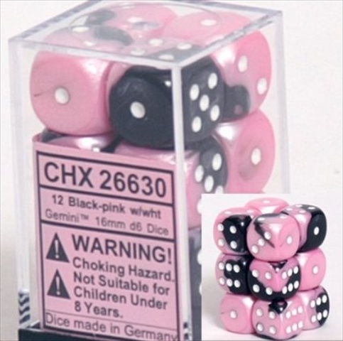 Manufacturing 26630 D6 Cube Gemini Set Of 12 Dice, 16 mm - Black & Pink With White Numbering