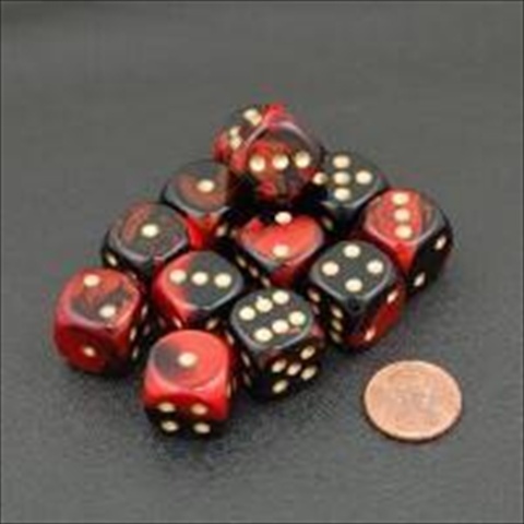 26633 D6 Cube Gemini Set Of 12 Dice, 16 mm - Black & Red With Gold Numbering