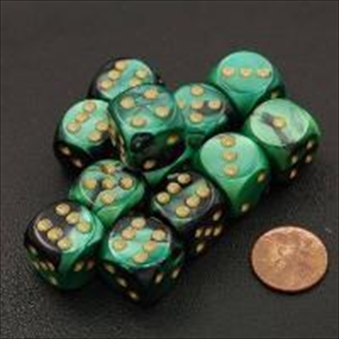 Picture of Chessex Manufacturing 26639 D6 Cube Gemini Set Of 12 Dice- 16 mm - Black & Green With Gold Numbering
