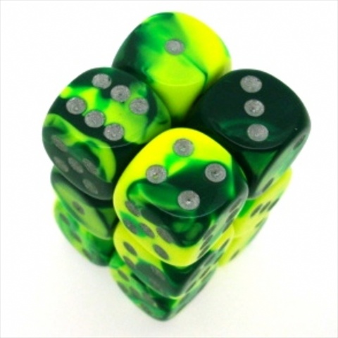 Picture of Chessex Manufacturing 26654 D6 Cube Gemini Set Of 12 Dice, 16 mm - Green & Yellow With Silver Numbering