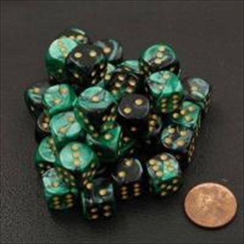 Picture of Chessex Manufacturing 26839 D6 Cube Gemini Set Of 36 Dice, 12 mm - Black & Green With Gold Numbering