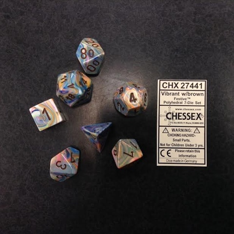 Picture of Chessex Manufacturing 27441 Festive Vibrant With Brown Numbers Dice Set Of 7