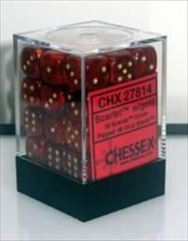 Picture of Chessex Manufacturing 27814 12 mm Scarab Scarlet With Gold Numbers D6 Dice Set Of 36