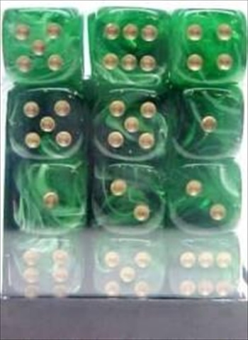 Picture of Chessex Manufacturing 27835 12 mm Vortex Green With Gold Numbers D6 Dice Set Of 36