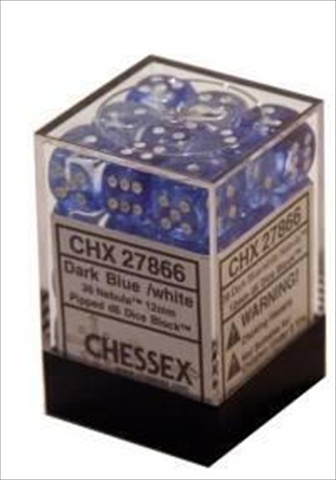 Picture of Chessex Manufacturing 27866 12 mm Nebula Dark Blue With White Numbers D6 Dice Set Of 36