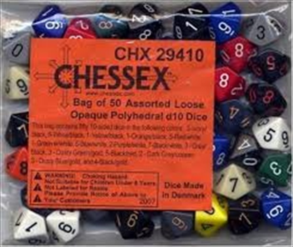 Picture of Chessex Manufacturing 29410 Opaque 10 Poly Assorted Bagged Dice&#44; Bag - 50