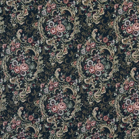 F642 54 in. Wide Navy- Gold And Burgundy- Floral Tapestry Upholstery Fabric