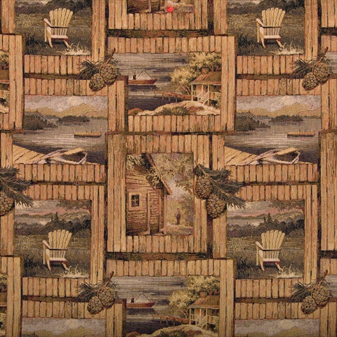 Picture of Designer Fabrics A001 54 in. Wide - Rustic Cabin Scene With Fishing Boat- Chair And Acorns- Themed Tapestry Upholstery Fabric