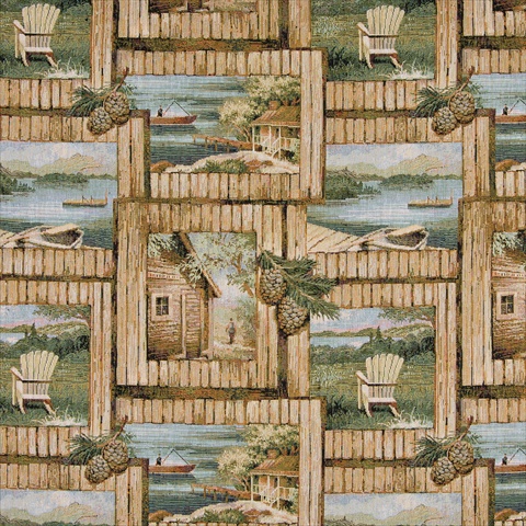 Picture of Designer Fabrics A002 54 in. Wide - Cabin Scene With Fishing Boat- Chair And Acorns- Themed Tapestry Upholstery Fabric
