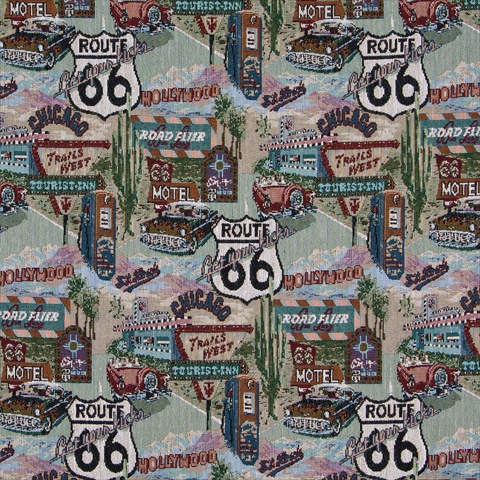 Picture of Designer Fabrics A011 54 in. Wide &#44; Classic Route 66&#44; Motels&#44; Diners&#44; And Gas Pumps&#44; Themed Tapestry Upholstery Fabric